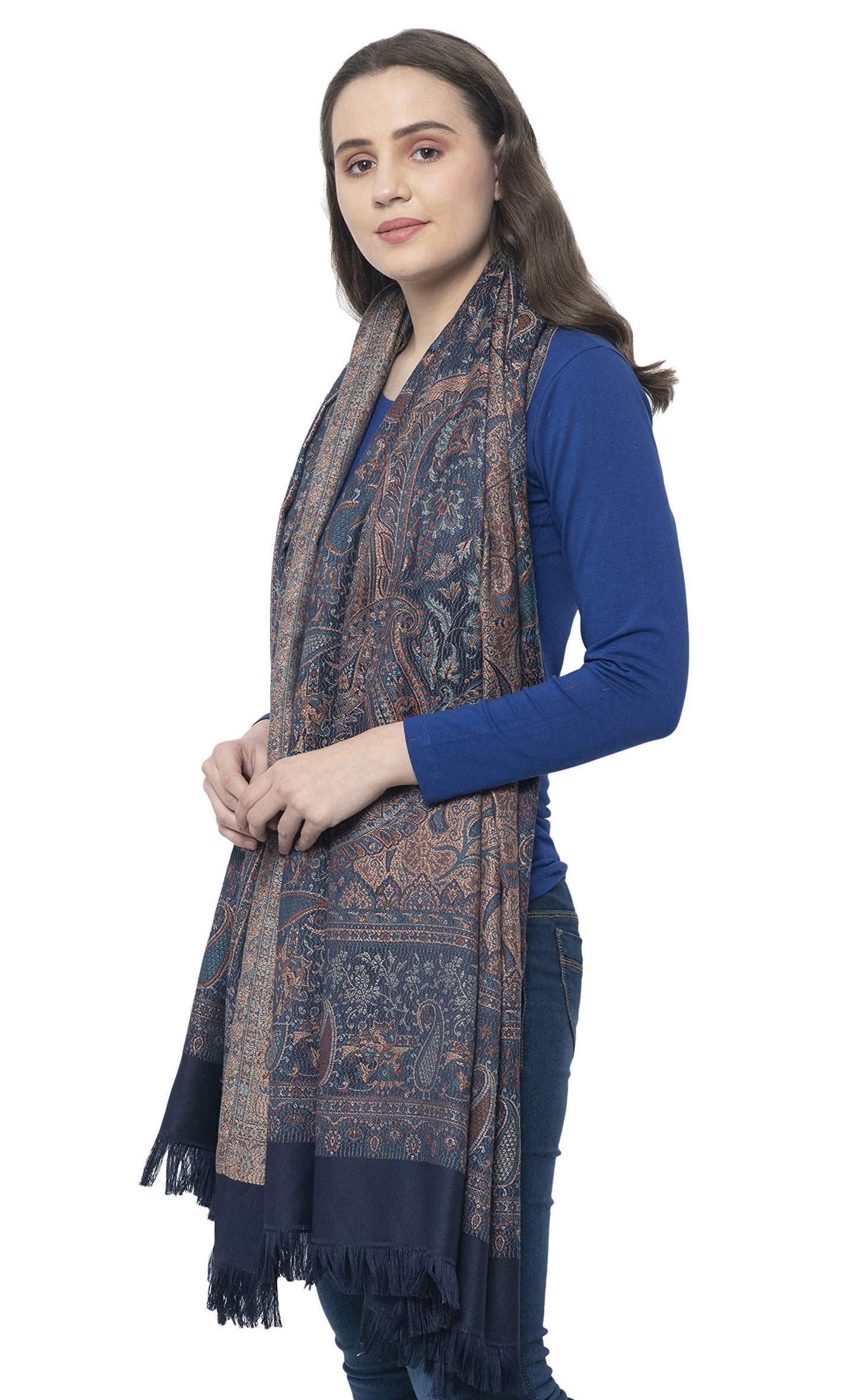 Weavers Villa Women Pashmina Shawl (Navy Blue, Large) 