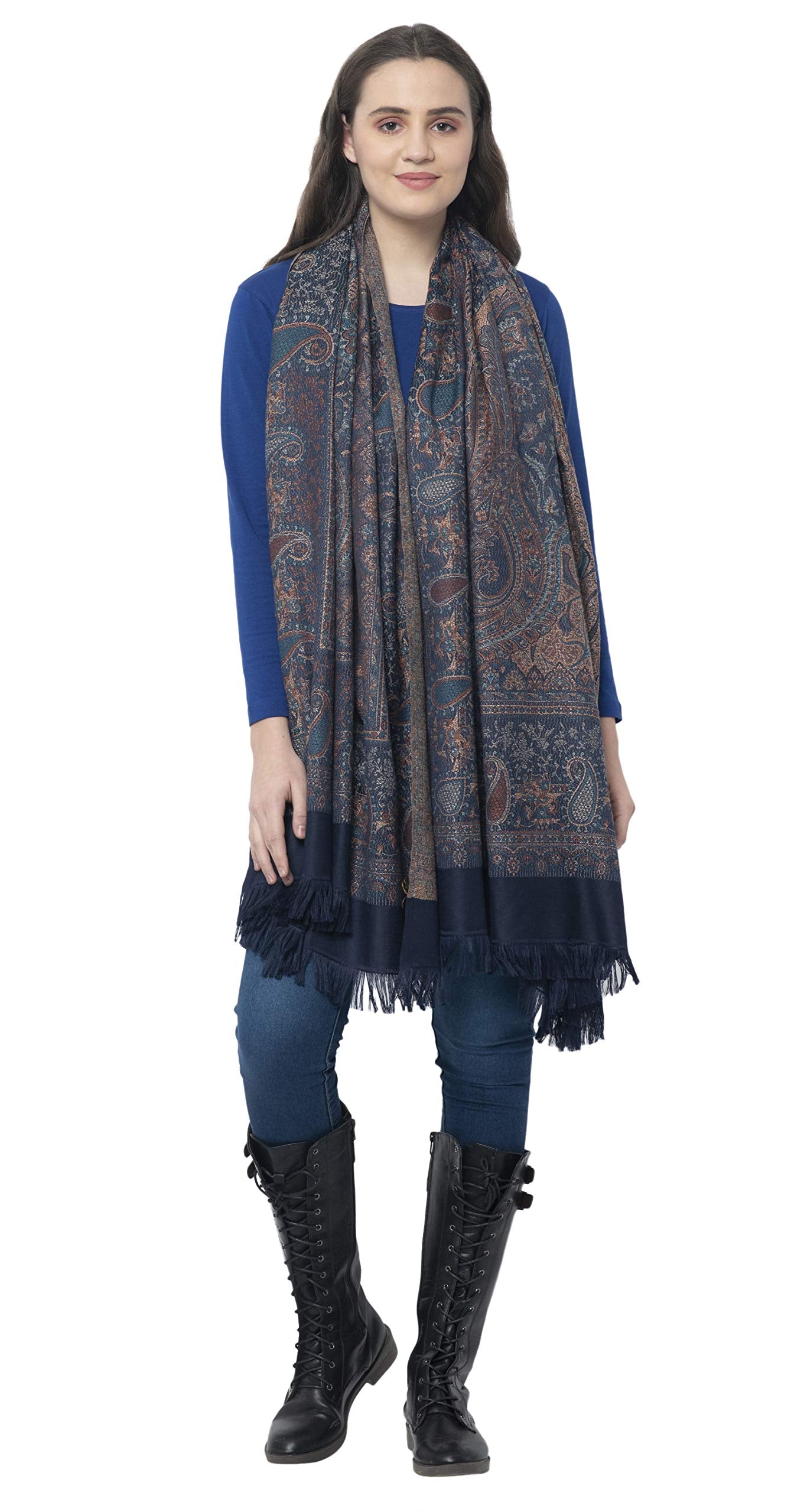 Weavers Villa Women Pashmina Shawl (Navy Blue, Large) 