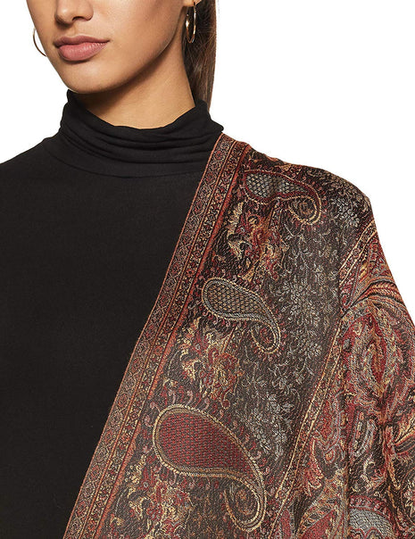 Weavers Villa - Women's Faux Pashmina Silk Paisley Design Black Shawls, Stoles (Black), 100cm X 200cm 