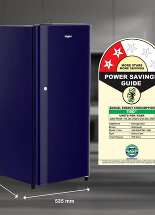 Whirlpool 184 L 2 Star Direct-Cool Single Door Refrigerator (205 WDE CLS 2S SAPPHIRE BLUE-Z, Blue,2023 Model) 