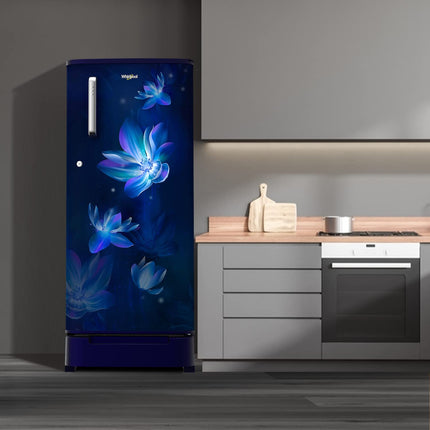 Whirlpool 184 L 4 Star Inverter Direct-Cool Single Door Refrigerator (205 WDE ROY 4SInv SAPPHIRE FLOWER RAIN-Z, Blue, Base Stand with Drawer, 2023 Model) 