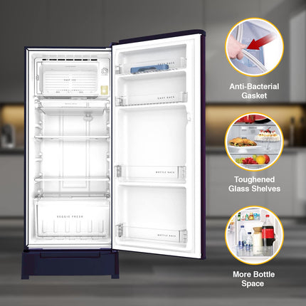 Whirlpool 184 L 4 Star Inverter Direct-Cool Single Door Refrigerator (205 WDE ROY 4SInv SAPPHIRE FLOWER RAIN-Z, Blue, Base Stand with Drawer, 2023 Model) 