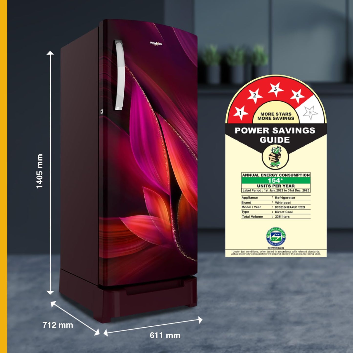 Whirlpool 236 L 4 Star Frost Free Inverter Direct-Cool Single Door Refrigerator (Auto-Defrost, Intellisense Inverter, 260 IMPRO PLUS ROY 4S WINE Breeze-Z, 2024 Model) 