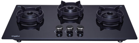 Whirlpool 75cm 3 Burner Auto Ignition Hob | EVOLVE HYBRID HD 753 BRASS | 8mm Toughened Glass | Forged Brass Burners | Black Glass Finish | 10-Year Glass & 5-Year Burner & Valve Warranty 