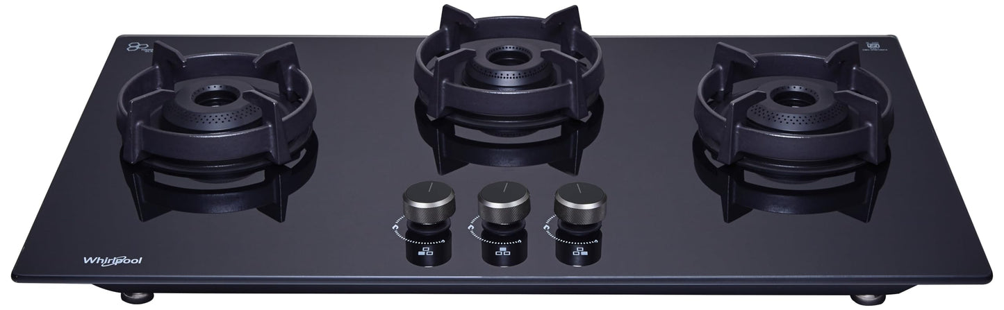 Whirlpool 75cm 3 Burner Auto Ignition Hob | EVOLVE HYBRID HD 753 BRASS | 8mm Toughened Glass | Forged Brass Burners | Black Glass Finish | 10-Year Glass & 5-Year Burner & Valve Warranty 