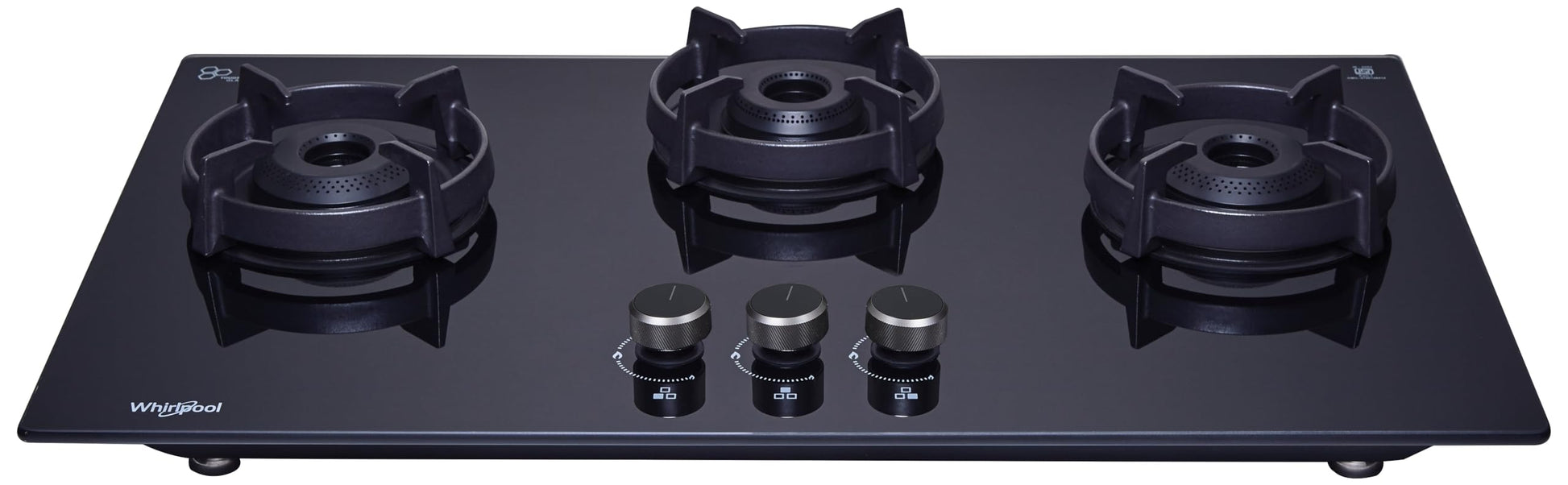 Whirlpool 75cm 3 Burner Auto Ignition Hob | EVOLVE HYBRID HD 753 BRASS | 8mm Toughened Glass | Forged Brass Burners | Black Glass Finish | 10-Year Glass & 5-Year Burner & Valve Warranty 