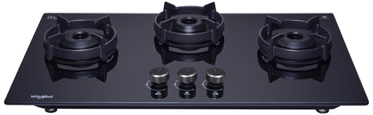 Whirlpool 75cm 3 Burner Auto Ignition Hob | EVOLVE HYBRID HD 753 BRASS | 8mm Toughened Glass | Forged Brass Burners | Black Glass Finish | 10-Year Glass & 5-Year Burner & Valve Warranty 