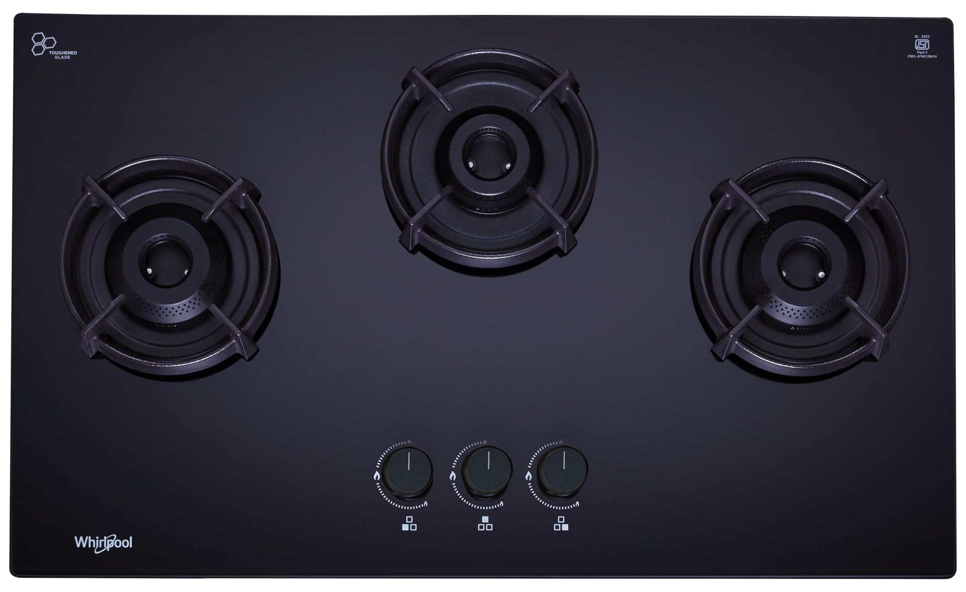 Whirlpool 75cm 3 Burner Auto Ignition Hob | EVOLVE HYBRID HD 753 BRASS | 8mm Toughened Glass | Forged Brass Burners | Black Glass Finish | 10-Year Glass & 5-Year Burner & Valve Warranty 