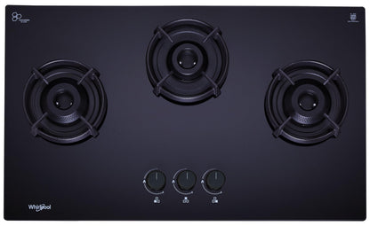 Whirlpool 75cm 3 Burner Auto Ignition Hob | EVOLVE HYBRID HD 753 BRASS | 8mm Toughened Glass | Forged Brass Burners | Black Glass Finish | 10-Year Glass & 5-Year Burner & Valve Warranty 