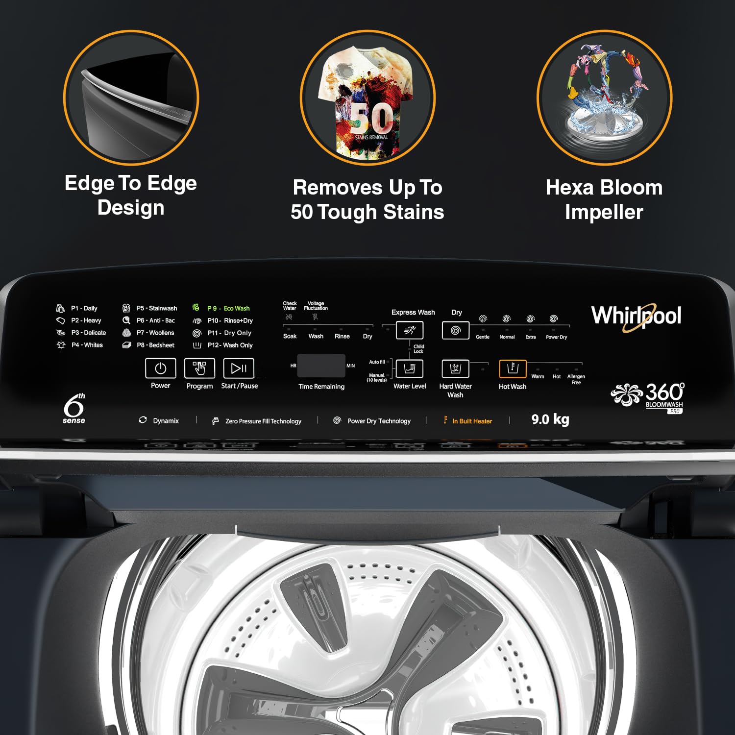 Whirlpool 9 Kg 5 Star Bloomwash Pro Fully-Automatic Top Loading Washing Machine - Built In Heater (360 BW PRO H 9.0 MIDNIGHT GREY 10YMW) 