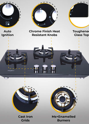 Whirlpool Hob 3 Burner Auto Ignition Gas Stove (Glass Ceramic, Elite Hybrid 703 Mt Gas Hob), Black 