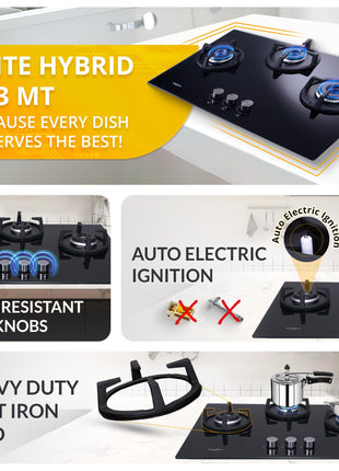 Whirlpool Hob 3 Burner Auto Ignition Gas Stove (Glass Ceramic, Elite Hybrid 703 Mt Gas Hob), Black 