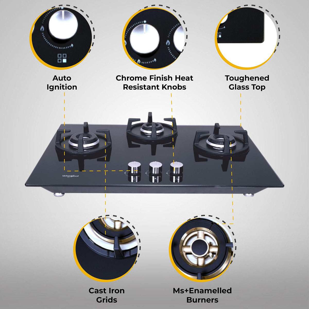 Whirlpool Hob 3 Burner Auto Ignition Gas Stove (Glass Ceramic, Elite Hybrid 703 Mt Gas Hob), Black 