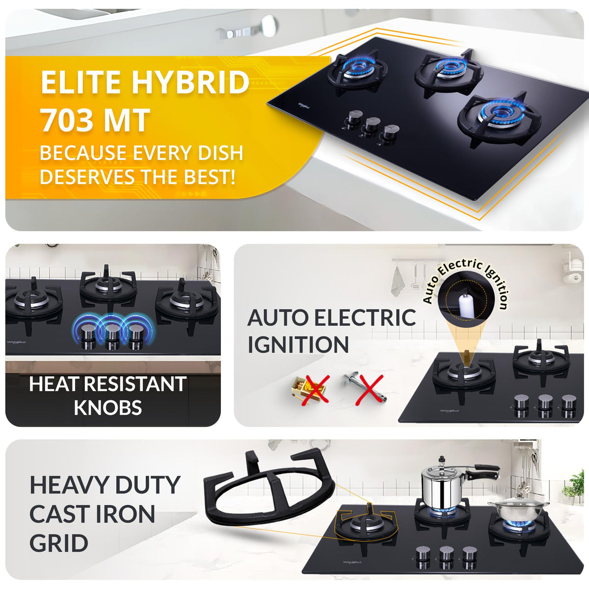 Whirlpool Hob 3 Burner Auto Ignition Gas Stove (Glass Ceramic, Elite Hybrid 703 Mt Gas Hob), Black 