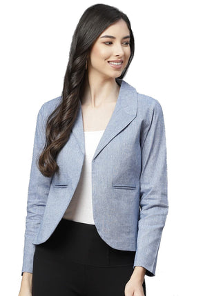 Women Blue Pure Cotton Blazer with Shawl Collar 