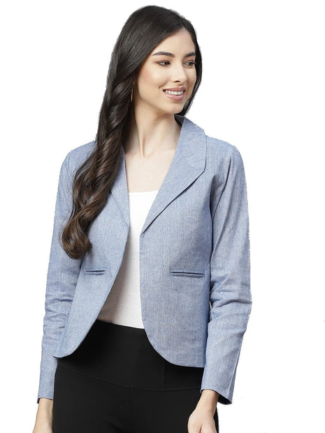 Women Blue Pure Cotton Blazer with Shawl Collar 
