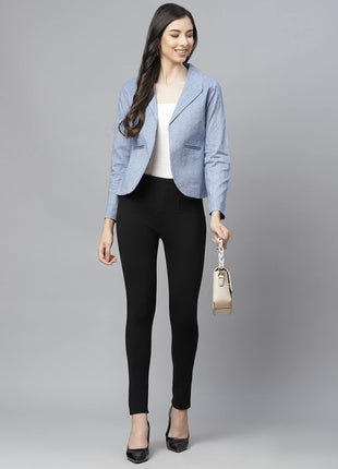 Women Blue Pure Cotton Blazer with Shawl Collar 