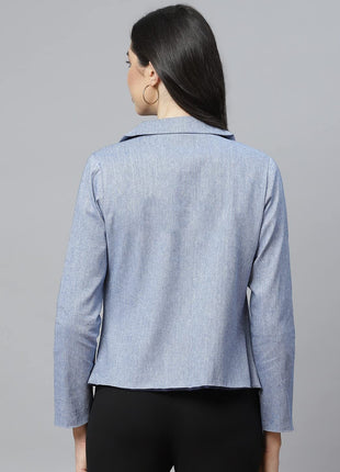 Women Blue Pure Cotton Blazer with Shawl Collar 