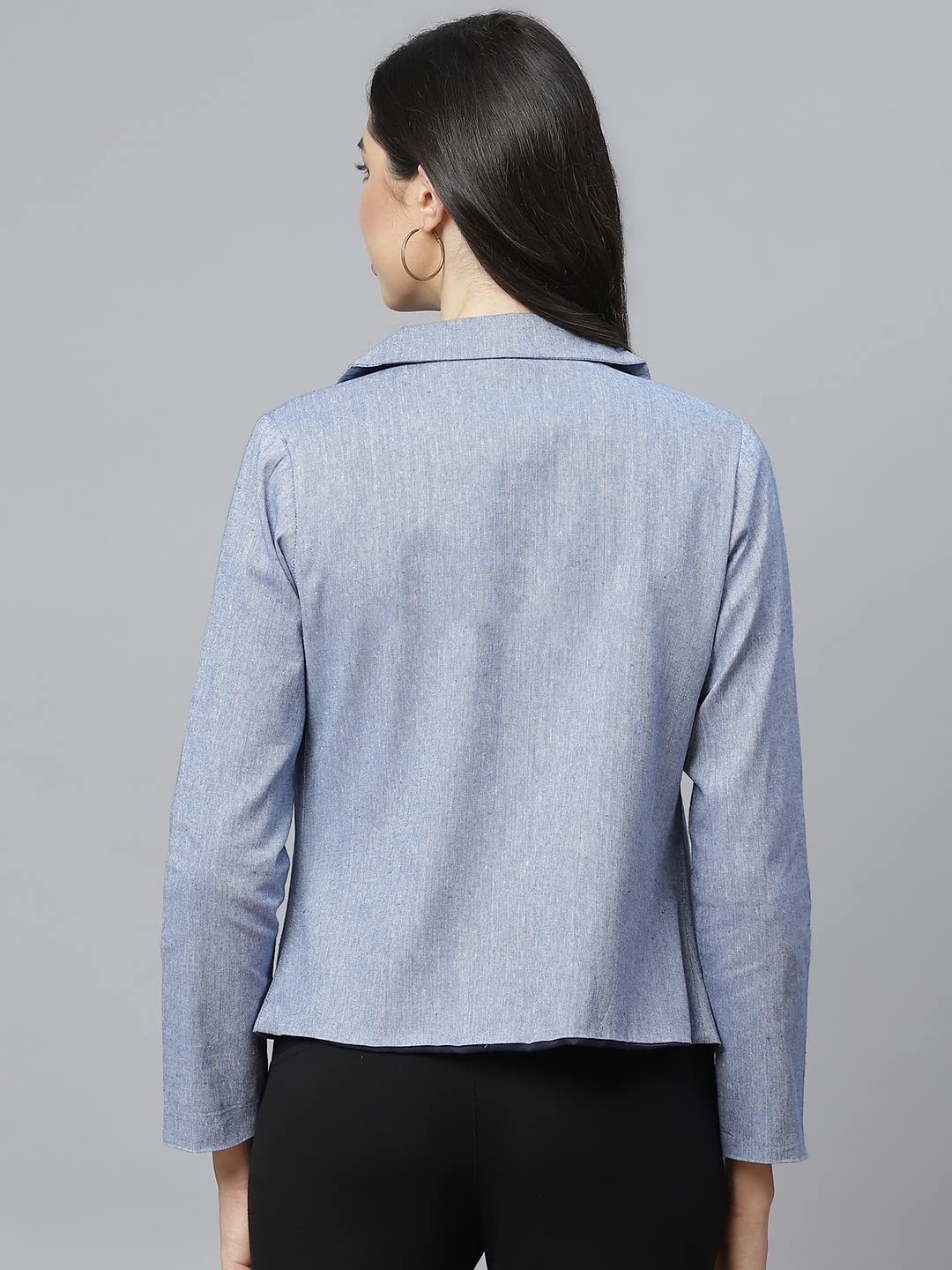 Women Blue Pure Cotton Blazer with Shawl Collar 
