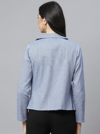 Women Blue Pure Cotton Blazer with Shawl Collar 