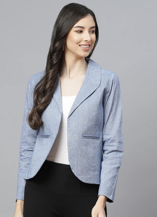 Women Blue Pure Cotton Blazer with Shawl Collar 