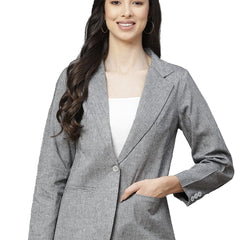 Women Grey Solid Regular Fit Single Breasted Blazer 