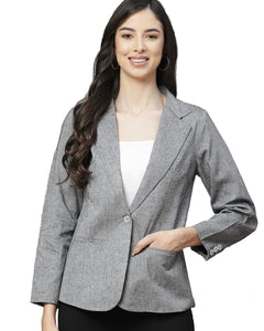 Women Grey Solid Regular Fit Single Breasted Blazer 