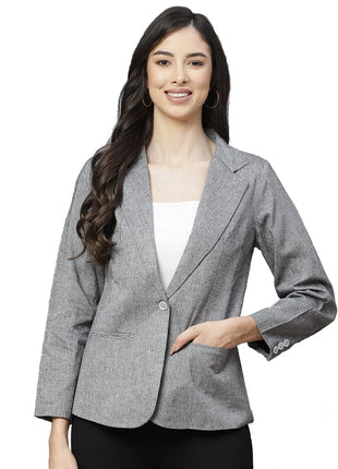 Women Grey Solid Regular Fit Single Breasted Blazer 