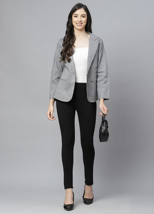 Women Grey Solid Regular Fit Single Breasted Blazer 