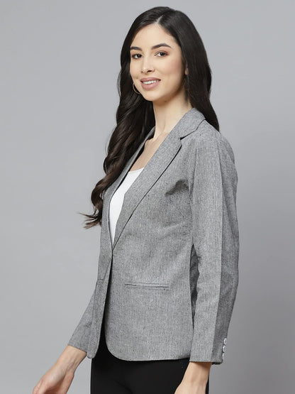 Women Grey Solid Regular Fit Single Breasted Blazer 
