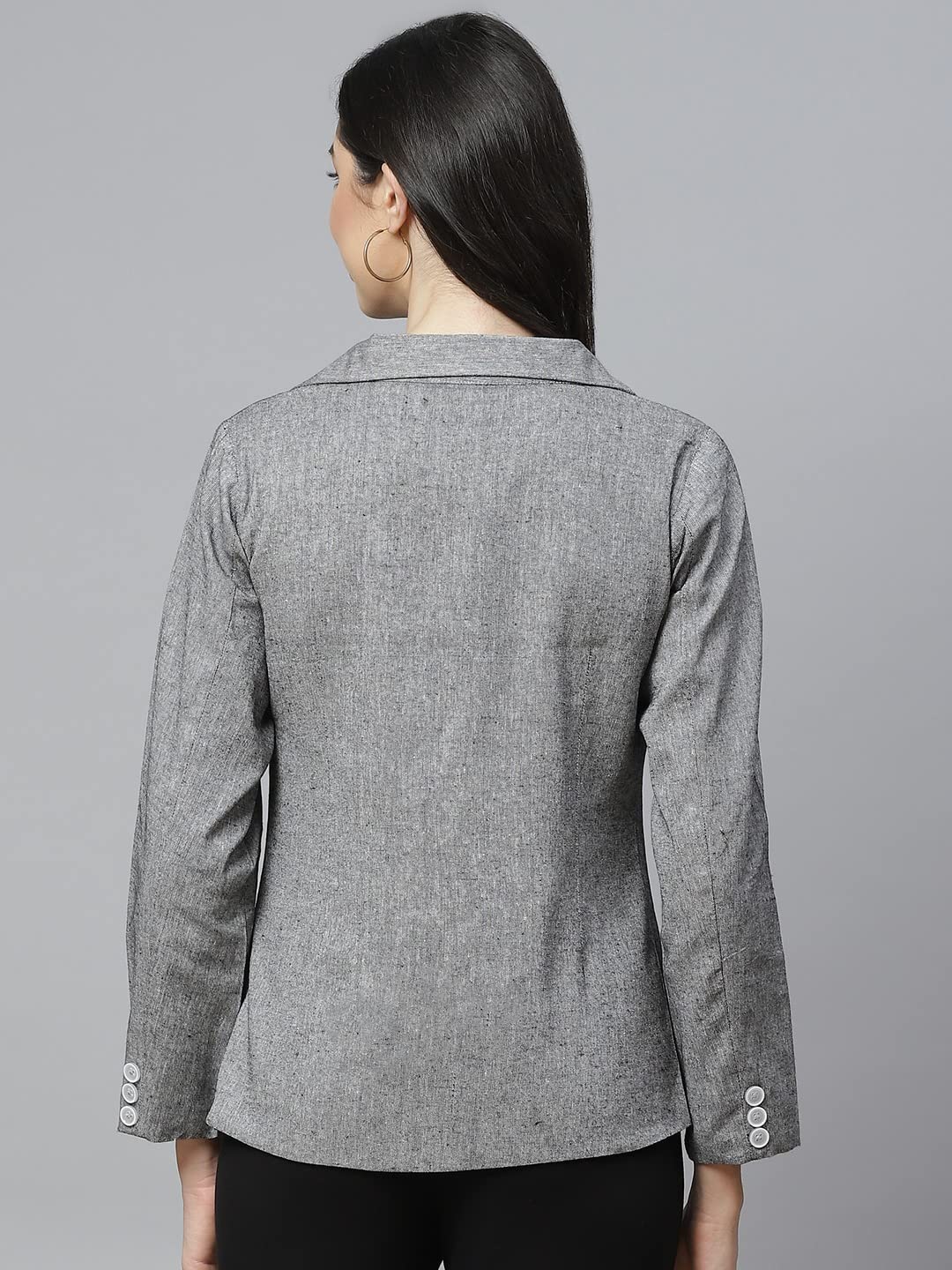 Women Grey Solid Regular Fit Single Breasted Blazer 