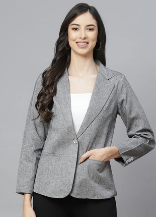 Women Grey Solid Regular Fit Single Breasted Blazer 