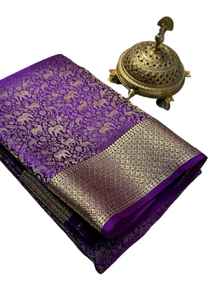 Women's Pure Brocade Mysore Silk Sarees, Zari Weaving, Rich Pallu, Jacquard Blouse, Purple 