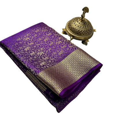 Women's Pure Brocade Mysore Silk Sarees, Zari Weaving, Rich Pallu, Jacquard Blouse, Purple 