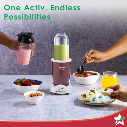 Wonderchef Nutri-blend Activ Mixer Grinder Blender, Smoothie Maker, 500W 22000 RPM 100% Full Copper Motor, 2 Unbreakable Jars, SS Blades, 2 Year Warranty, Recipe book by Chef Sanjeev Kapoor, Red 
