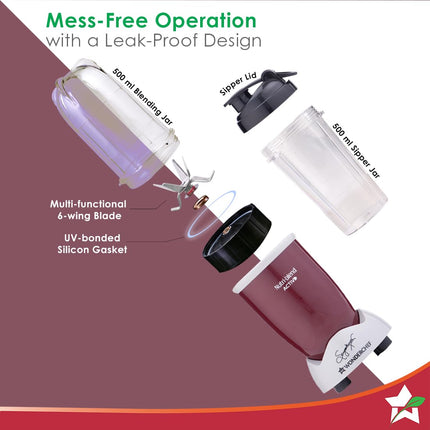 Wonderchef Nutri-blend Activ Mixer Grinder Blender, Smoothie Maker, 500W 22000 RPM 100% Full Copper Motor, 2 Unbreakable Jars, SS Blades, 2 Year Warranty, Recipe book by Chef Sanjeev Kapoor, Red 