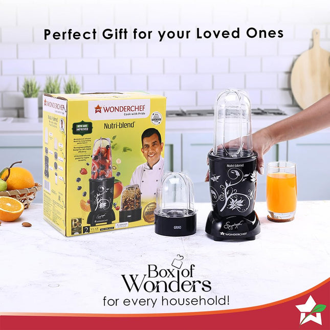 Wonderchef Nutri-blend Mixer, Grinder & Blender|Powerful 500W 22000 RPM 100% Full Copper Motor|Stainless steel Blades|2 unbreakable jars|2 Years warranty | Recipe book by Chef Sanjeev Kapoor | Black 