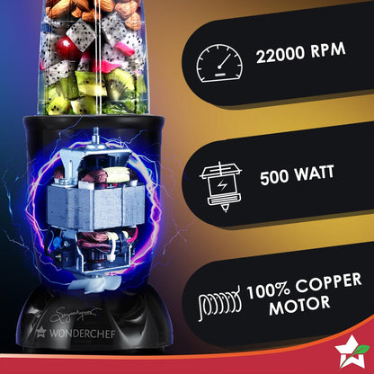Wonderchef Nutri-blend Mixer, Grinder & Blender|Powerful 500W 22000 RPM 100% Full Copper Motor|Stainless steel Blades|2 unbreakable jars|2 Years warranty | Recipe book by Chef Sanjeev Kapoor | Black 