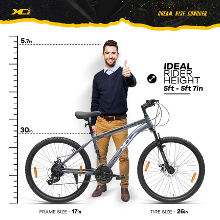 XCi Swagger Pro Mountain Bike | 26-Inch Tyres | 21-Speed Shimano Gears | Tuf Shox Suspension| Mechanical Disc Brakes | Youth 12+ Years |17-Inch Ultra Light Steel Frame | Black Grey 