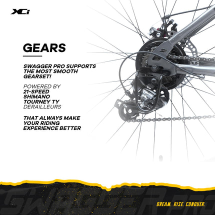XCi Swagger Pro Mountain Bike | 26-Inch Tyres | 21-Speed Shimano Gears | Tuf Shox Suspension| Mechanical Disc Brakes | Youth 12+ Years |17-Inch Ultra Light Steel Frame | Black Grey 