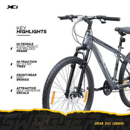 XCi Swagger Pro Mountain Bike | 26-Inch Tyres | 21-Speed Shimano Gears | Tuf Shox Suspension| Mechanical Disc Brakes | Youth 12+ Years |17-Inch Ultra Light Steel Frame | Black Grey 