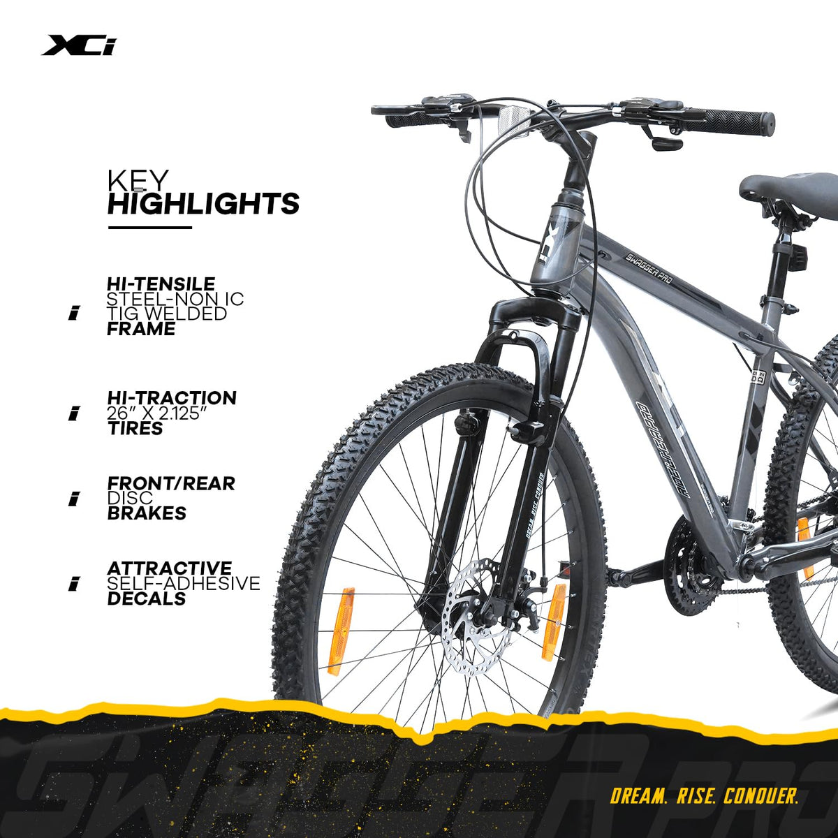XCi Swagger Pro Mountain Bike | 26-Inch Tyres | 21-Speed Shimano Gears | Tuf Shox Suspension| Mechanical Disc Brakes | Youth 12+ Years |17-Inch Ultra Light Steel Frame | Black Grey 