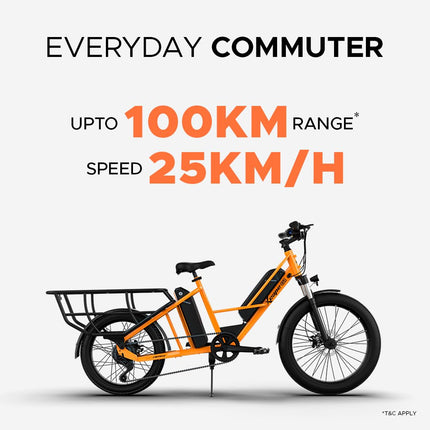 Xcape G1 Cargo Electric Cycle with Dual 48V 10.2Ah Removable Batteries | 250W Motor | Up to 100 km Range | Heavy-Duty Longtail Frame | Front Suspension | 90% Assembled | Powered by EMotorad (Orange) 