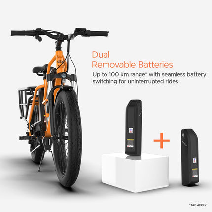 Xcape G1 Cargo Electric Cycle with Dual 48V 10.2Ah Removable Batteries | 250W Motor | Up to 100 km Range | Heavy-Duty Longtail Frame | Front Suspension | 90% Assembled | Powered by EMotorad (Orange) 