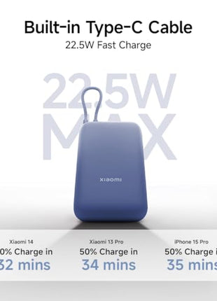 Xiaomi Pocket Power Bank 10000mAh 22.5W Fast Charging|Inbuilt Cable|Slim & Compact|Power Delivery|QC 3.0|Type-C Input & Output|3 Output Ports|Blue|Supports Android,Apple,Tablets,Earbuds,Watches 