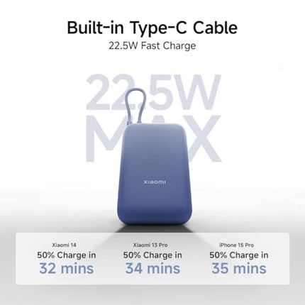 Xiaomi Pocket Power Bank 10000mAh 22.5W Fast Charging|Inbuilt Cable|Slim & Compact|Power Delivery|QC 3.0|Type-C Input & Output|3 Output Ports|Blue|Supports Android,Apple,Tablets,Earbuds,Watches 