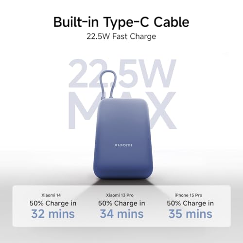 Xiaomi Pocket Power Bank 10000mAh 22.5W Fast Charging|Inbuilt Cable|Slim & Compact|Power Delivery|QC 3.0|Type-C Input & Output|3 Output Ports|Blue|Supports Android,Apple,Tablets,Earbuds,Watches 