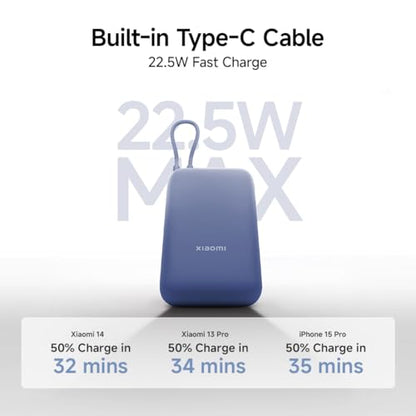 Xiaomi Pocket Power Bank 10000mAh 22.5W Fast Charging|Inbuilt Cable|Slim & Compact|Power Delivery|QC 3.0|Type-C Input & Output|3 Output Ports|Blue|Supports Android,Apple,Tablets,Earbuds,Watches 