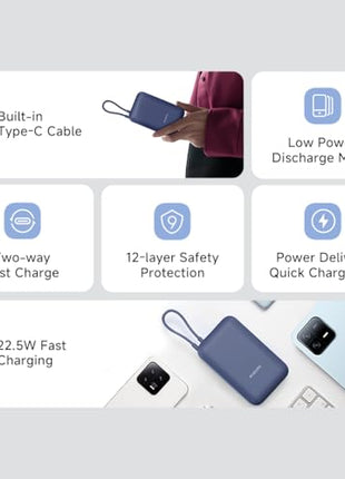 Xiaomi Pocket Power Bank 10000mAh 22.5W Fast Charging|Inbuilt Cable|Slim & Compact|Power Delivery|QC 3.0|Type-C Input & Output|3 Output Ports|Blue|Supports Android,Apple,Tablets,Earbuds,Watches 