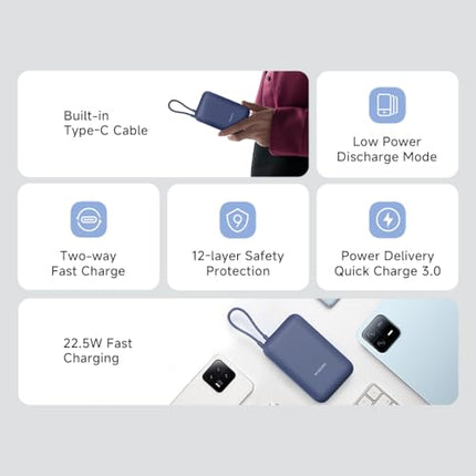 Xiaomi Pocket Power Bank 10000mAh 22.5W Fast Charging|Inbuilt Cable|Slim & Compact|Power Delivery|QC 3.0|Type-C Input & Output|3 Output Ports|Blue|Supports Android,Apple,Tablets,Earbuds,Watches 